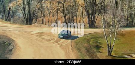 Black car at the crossroads. Wide panoramic view. Artistic work Banque D'Images