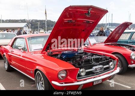 Red 1967 Ford Mustang voiture américaine classique à un Sydney Motor show, Nouvelle-Galles du Sud, Australie Banque D'Images