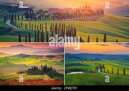 Beau collage de célèbres paysages ruraux toscans et destinations de voyage. Superbe collection de paysages de lever et de coucher de soleil, Toscane, Italie, Europe Banque D'Images