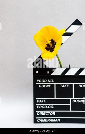 Panneau de film avec tulipe jaune. Durée de vie minimale de la planche clapper pour la réalisation de vidéos de cinéma et de fleurs printanières. Banque D'Images