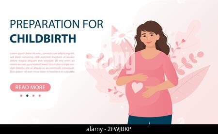 Préparation à l'accouchement, grossesse en santé. Illustration vectorielle de style plat, modèle de bannière, page d'arrivée Illustration de Vecteur