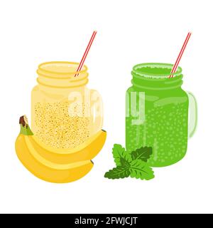 Banane et vert avec des smoothies à la menthe dans un pot en verre avec une paille isolée sur un fond blanc. Cocktail de smoothie aux fruits. Concept de mode de vie sain. Illustration de Vecteur