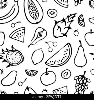 Motif vectoriel sans couture des silhouettes de fruits dessinées à la main : poire, papaye, fruit dragon, banane, raisin, pastèque, citron, kiwi, mangue, pomme, cerise. Banque D'Images