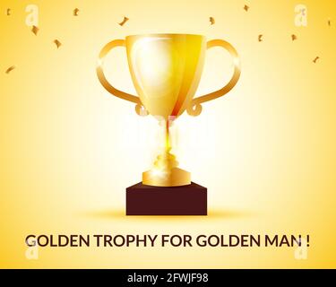 Trophée 3D Realistic Golden avec confetti pour le gagnant dans n'importe quel sport ou compétition. Illustration de Vecteur