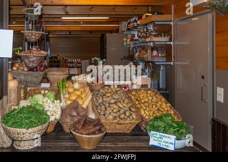 Une cabine typique de légumes frais et de produits alimentaires locaux dans un marché intérieur dans le centre d'Helsinki, en Finlande Banque D'Images