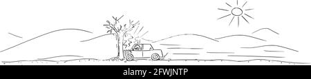 Accident de voiture dans l'arbre, le conducteur frappe le seul arbre dans le désert vide, le bâton de dessin vectoriel Illustration Illustration de Vecteur