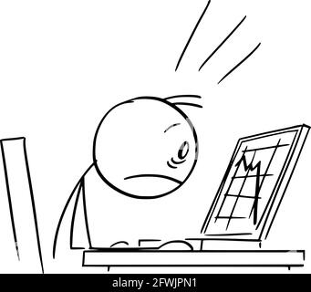 Homme d'affaires choqué regardant tomber graphique sur l'écran d'ordinateur, le bâton de dessin vectoriel Figure Illustration Illustration de Vecteur