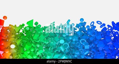 Formes géométriques de base de couleur arc-en-ciel alignées - illustration 3d Banque D'Images