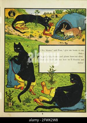 Puss in Boots [Master Cat ou The Boots Cat est un conte de fées littéraire italien et plus tard européen sur un chat anthropomorphique qui utilise la tricherie et la tromperie pour gagner le pouvoir, la richesse, et la main d'une princesse dans le mariage pour sa pénitence et maître bas-né.] Du livre The Book The Marquis of Carabas' Picture book : contenant le pouss en bottes, la vieille mère Hubbard, Valentine et Orson, l'absurde ABC. Illustré par Walter Crane, Edmund Evans et Sarah Catherine Martin. Editeur Londres (Broadway, Ludgate) ; New York (416 Broome Street) : George Routledge et fils en 1874 Banque D'Images