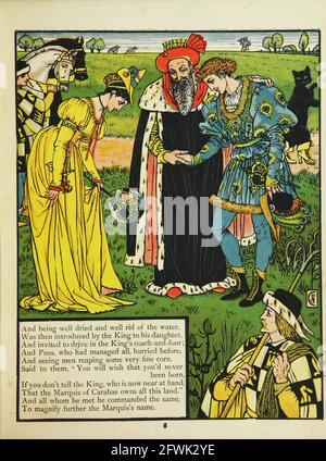 Puss in Boots [Master Cat ou The Boots Cat est un conte de fées littéraire italien et plus tard européen sur un chat anthropomorphique qui utilise la tricherie et la tromperie pour gagner le pouvoir, la richesse, et la main d'une princesse dans le mariage pour sa pénitence et maître bas-né.] Du livre The Book The Marquis of Carabas' Picture book : contenant le pouss en bottes, la vieille mère Hubbard, Valentine et Orson, l'absurde ABC. Illustré par Walter Crane, Edmund Evans et Sarah Catherine Martin. Editeur Londres (Broadway, Ludgate) ; New York (416 Broome Street) : George Routledge et fils en 1874 Banque D'Images