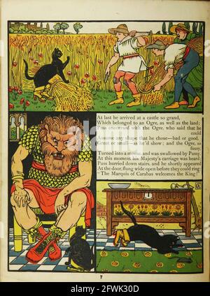 Puss in Boots [Master Cat ou The Boots Cat est un conte de fées littéraire italien et plus tard européen sur un chat anthropomorphique qui utilise la tricherie et la tromperie pour gagner le pouvoir, la richesse, et la main d'une princesse dans le mariage pour sa pénitence et maître bas-né.] Du livre The Book The Marquis of Carabas' Picture book : contenant le pouss en bottes, la vieille mère Hubbard, Valentine et Orson, l'absurde ABC. Illustré par Walter Crane, Edmund Evans et Sarah Catherine Martin. Editeur Londres (Broadway, Ludgate) ; New York (416 Broome Street) : George Routledge et fils en 1874 Banque D'Images