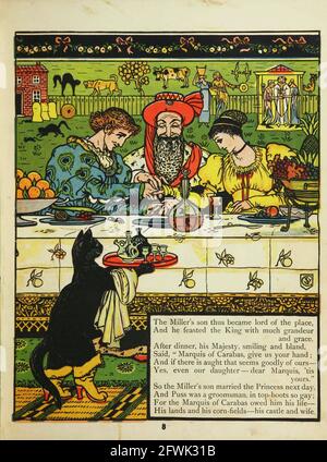 Puss in Boots [Master Cat ou The Boots Cat est un conte de fées littéraire italien et plus tard européen sur un chat anthropomorphique qui utilise la tricherie et la tromperie pour gagner le pouvoir, la richesse, et la main d'une princesse dans le mariage pour sa pénitence et maître bas-né.] Du livre The Book The Marquis of Carabas' Picture book : contenant le pouss en bottes, la vieille mère Hubbard, Valentine et Orson, l'absurde ABC. Illustré par Walter Crane, Edmund Evans et Sarah Catherine Martin. Editeur Londres (Broadway, Ludgate) ; New York (416 Broome Street) : George Routledge et fils en 1874 Banque D'Images