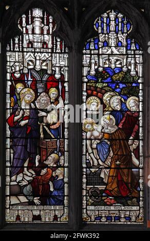 Vitraux de Clayton & Bell représentant l'arrestation et l'entombment de l'église Jésus-Dame-Sainte-Marie, Wareham, Dorset Banque D'Images