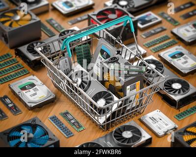 Matériel informatique dans le panier. Achat de pièces d'ordinateur en ligne concept. illustration 3d Banque D'Images