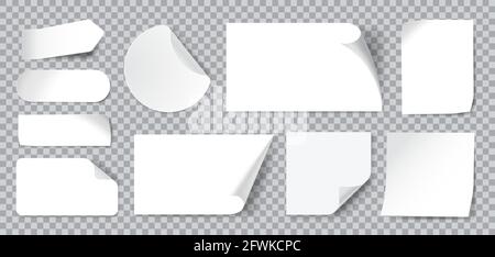 Autocollants blancs. Autocollant adhésif vierge avec coins pliés ou courbés. Notes adhésives réalistes en papier de formes diverses maquette vectorielle comme cercle, rectangle, étiquettes propres carrées ou badges Illustration de Vecteur