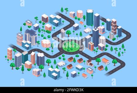 Ville isométrique. Paysage urbain moderne avec bâtiments, maisons d'appartements, gratte-ciel, routes, rues, arbres, magasins. carte de navigation vectorielle 3d. Appartements avec plantes et magasins Illustration de Vecteur
