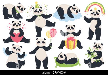 Panda mignon. Dessin animé pandas drôle manger du bambou, dormir, s'asseoir, tenant des ballons. Mascotte d'ours asiatiques heureux dans différents poses vecteur ensemble. Boîte cadeau à motif personnages, grand cœur, arc-en-ciel Illustration de Vecteur
