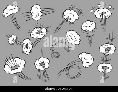 Nuages de vitesse de bande dessinée. Effet de mouvement de dessin animé avec ligne de vitesse et nuage. Déplacement rapide ou de lancer des sentiers, bandes dessinées livres explosion effets vecteur set. Mouvement de brouillard de poussière de forme différente Illustration de Vecteur