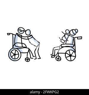 Figurine en bâton tirée de grands-parents qui embrassent le petit-enfant en fauteuil roulant. Les personnes âgées embrassent ensemble prennent en charge les croquis vectoriels illustrés. Illustration de Vecteur