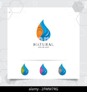 Logo de gaz de pétrole vecteur avec concept de feu flamboyant et icône de gouttelettes d'huile pour l'industrie minière et le traitement du carburant. Illustration de Vecteur