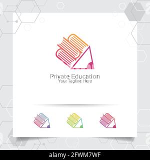 Design vectoriel du logo de livre avec icône en forme de crayon pour la bibliothèque, l'enseignement, la librairie et l'université. Illustration de Vecteur