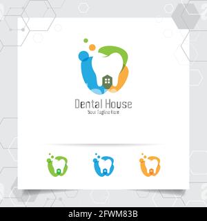 Logo dentaire dentiste dessin vectoriel de dentiste avec concept de maison et de dent icône . Soins dentaires pour l'hôpital, le médecin, la clinique et la santé. Illustration de Vecteur