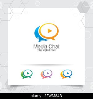 Chat logo design vecteur concept de la bulle de la parole et bouton de lecture . Vecteur de logo de chat multimédia pour l'application, la communication et la communauté. Illustration de Vecteur