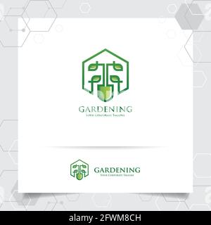 Design de logo d'agriculture avec concept d'outils de jardinage icône et feuilles vecteur. Logo vert utilisé pour les systèmes agricoles, les agriculteurs et la plantatio Illustration de Vecteur