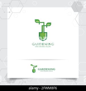Design de logo d'agriculture avec concept d'outils de jardinage icône et feuilles vecteur. Logo vert utilisé pour les systèmes agricoles, les agriculteurs et la plantatio Illustration de Vecteur