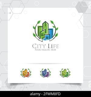 Logo immobilier concept de ville verte illustration bâtiment. Vecteur de logo de propriété pour la construction, l'entrepreneur, la résidence et le paysage urbain. Illustration de Vecteur