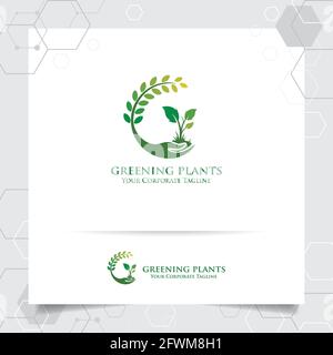 Design du logo Agriculture avec concept de l'icône de la main et du vecteur de plantes. Logo vert utilisé pour les systèmes agricoles, les agriculteurs et les produits de plantation. Illustration de Vecteur