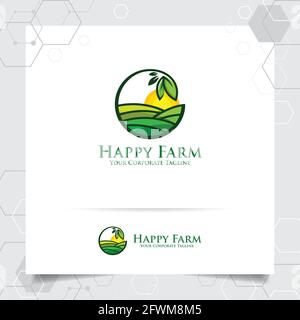 Logo de l'agriculture avec concept de feuilles icône et vecteur de terre de plantation. Logo vert utilisé pour les systèmes agricoles, les agriculteurs et la plantatio Illustration de Vecteur