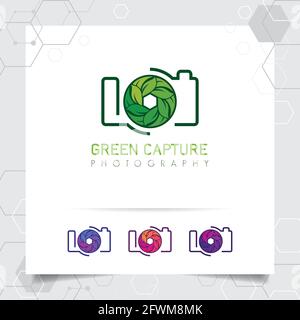 Photographie et logo photo avec le concept de l'icône feuille et du vecteur d'objectif de l'appareil photo pour le photographe, la photo en studio et la photographie de la nature. Illustration de Vecteur