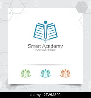 Design vectoriel du logo Education avec concept de livre, stylo, et illustration d'icône de personnes pour l'académie, l'université, l'école. Illustration de Vecteur