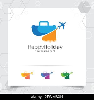Logo de voyage concept d'icône d'avion avec symbole de valise. Vecteur du logo de voyage pour la tournée mondiale, l'aventure et les vacances. Illustration de Vecteur
