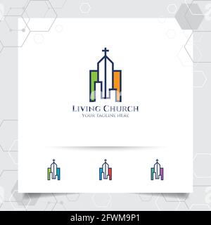 Logo de croix chrétienne avec une illustration d'icône d'église. Illustration de Vecteur