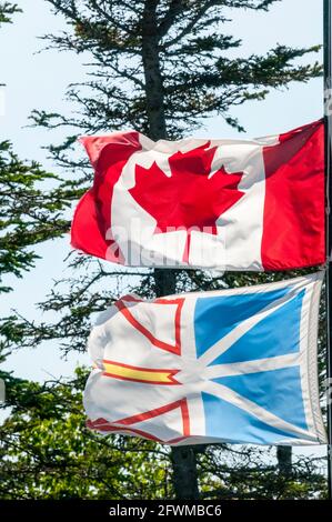 Les drapeaux du Canada et de Terre-Neuve volent ensemble. Banque D'Images