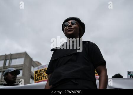 Londres, Royaume-Uni. 29 août 2020. L'activiste Sasha Johnson parle à la marche de millions de personnes à Londres crédit: Joao Daniel Pereira Banque D'Images