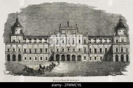 Espagne. Aranjuez. Le Palais Royal. Façade principale. Il a été reconstruit par l'architecte Santiago Bonavia (1695-1759) commandé par le roi Fernando VI, après l'incendie de 1727. Illustration par Carnicero. Gravure. Historia général de España par le Père Mariana. Madrid, 1853. Banque D'Images