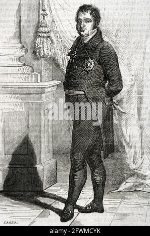 Ferdinand VII (1784-1833). Roi d'Espagne (1808-1833). Portrait. Illustration de Zarza. Gravure par Capuz. Historia général de España par le Père Mariana. Madrid, 1853. Banque D'Images