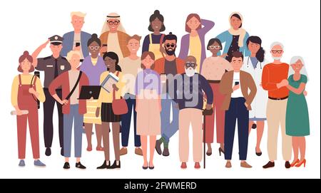 Foule diversifiée, groupe multiracial multiculturel, illustration vectorielle de la société civile. Caricature multiethnique jeunes hommes et femmes, enfants debout ensemble, diversité sociale isolée sur blanc Illustration de Vecteur