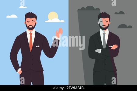 Illustration de vecteur de bonne et de mauvaise humeur pour les gens d'affaires. Caricature heureux homme d'affaires à la mode en costume debout et agitant, triste homme employé de bureau a traversé les bras dans le stress négatif émotion fond Illustration de Vecteur