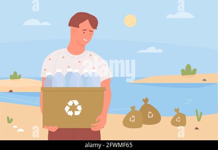 Bonne adolescence volontaire nettoyer la plage, la collecte recyclage déchets déchets déchets illustration vecteur. Caricature jeune homme personnage boîte de maintien pour nettoyer l'environnement de plage de la mer à partir de déchets recyclables arrière-plan Illustration de Vecteur