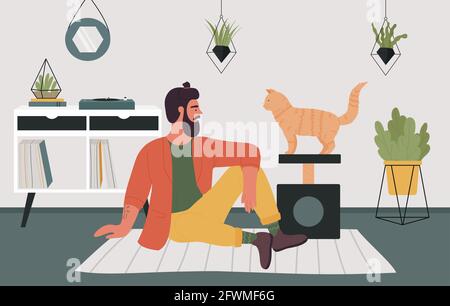 Illustration du vecteur meilleur ami jeune homme et chat. Dessin animé animal propriétaire hipster personnage assis sur le sol jouant avec chaton ensemble, amour et amitié avec le fond de concept animal de chat domestique Illustration de Vecteur