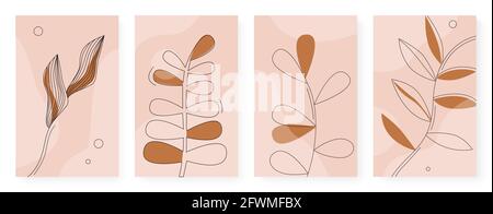 Résumé dessin à la main minimal feuille de terre cuite naturelle, forme tropicale mur art décoration vecteur jeu d'illustrations. Design fleuri minimaliste, fond de modèle pour les médias sociaux Illustration de Vecteur