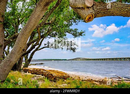 Le pont de pêche de point Cadet et le pont de la baie Biloxi peuvent être vus de ce site pittoresque de Back Bay Biloxi, le 22 mai 2021, à Biloxi, Mississippi. Banque D'Images