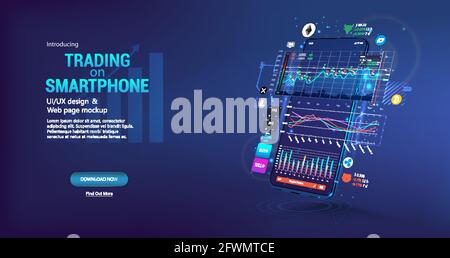 Application pour échanger des crypto-monnaies sur le téléphone. Plate-forme de négociation de modèle, concept de page Web. Application pour smartphone avec interface utilisateur, statistiques en ligne, analyse de données et Illustration de Vecteur