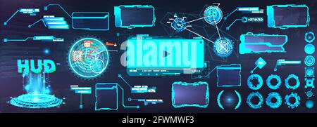Éléments d'interface utilisateur SCI-fi HUD pour applications mobiles professionnelles Interface utilisateur futuriste UI, UX, HUD. Graphique virtuel tactile Affichage tête haute. Boîtier numérique - cadre Illustration de Vecteur