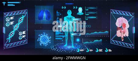 Examen futuriste du corps humain avec une interface HUD. Soins de santé modernes recherche sur la santé humaine, radiographie polygonale de l'hologramme du corps humain. INTERFACE GRAPHIQUE Illustration de Vecteur