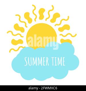 Bannière de l'heure d'été. Soleil jaune et nuage bleu sur fond blanc isolé. Cartes de vœux avec texte lumineux pour l'été et le matin. Forme de dessin animé abstraite.Elément météo. Pour papier cadeau. Illustration de Vecteur